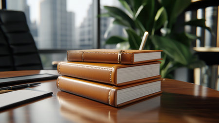 Leather-bound books symbolize knowledge, mentorship, and strategic planning, essential for cultivating impactful leaders This foundation, paired with the strategic desk, guides the next generation to greatness Coaching focuses on learning, legacy, and impactful contributions to organizations and communities AI Generativeの素材