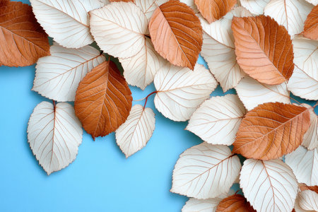 This image presents a collection of brown and white leaves scattered against a light blue backdrop The leaves' varied shapes and color tones create a visually appealing arrangement The scene lacks any signs of collaborative communication, leadership, teamwork, or dynamic interaction; it simply portrays leaves AI Generativeの素材