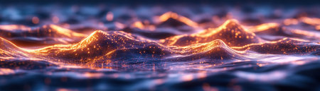 Navigate an abstract landscape where orange light peaks symbolize empathetic leadership and teamwork Collaborative movements reshape the terrain, revealing how individual interactions illuminate new paths in this dynamic digital world Each peak and connection highlights the power of collective action in achieving success AI Generativeの素材