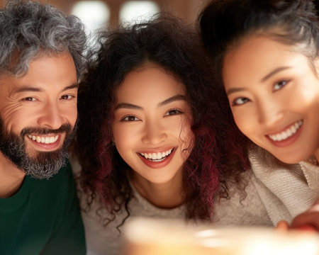 Three people, two women and a man with varying hair, are closely huddled and smiling They appear to be looking at something together This is a casual, collaborative scene, not a formal business setting like a leadership consultation or strategy session focused on efficiency AI Generativeの素材