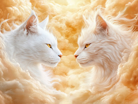 Two warm-toned white cats float from a cloud, symbolizing successful communication This ethereal image represents a leader's precise articulation fostering understanding and achievement The cats' harmony embodies a profound, clear connection on a higher plane, highlighting effective interaction within a celestial context AI Generativeの素材