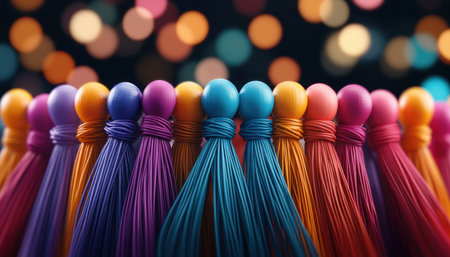 These vibrant tassels symbolize unity, strength, and leadership They embody communication, resilience, and interconnectedness, fostering positive relationships through mutual support and understanding Their colorful, artistic nature represents collaborative teamwork and the essential value of working together, conveying lessons of strength and leadership AI Generativeの素材