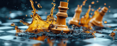 A dynamic splash engulfs chess pieces, symbolizing resilient leadership and strategic adaptability This image highlights how teamwork, planning, and flexibility drive success Each piece embodies crucial roles, visually demonstrating collaborative power and impact Explore how these elements forge a path to achievement AI Generativeの素材