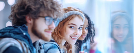 Step into the future of education! Witness diverse students collaborating on a virtual group project within an innovative digital classroom Engaging with cutting-edge technologies, they experience a modern learning environment that's flexible and accessible Discover how digital platforms empower collaborative learning, showcasing the best of contemporary education AI Generativeの素材