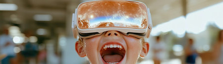 Step into the future of learning with Virtual Reality Students explore the solar system in a simulated spaceship, wearing VR headsets Witness their excitement as interactive simulations bring lessons to life This immersive technology ignites young minds, transforming education through engaging, virtual environments Discover the impact of VR on the AI Generativeの素材