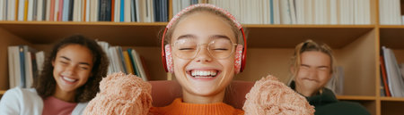 Our virtual tutor platform empowers students through engaging EdTech This vibrant image captures a student joyfully learning with an interactive module, showcasing active participation in a digital environment Experience the future of education: accessible, enthusiastic, and driven by technology for effective online learning AI Generativeの素材