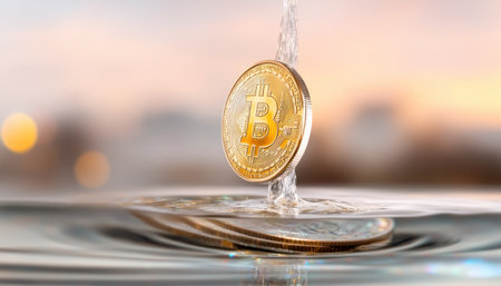 A golden bitcoin, partially submerged in clear water, embodies the fluidity and volatility of cryptocurrency Its reflective surface and rippling water create dynamic light and shadow, highlighting the abstract concepts and inherent risks/rewards of digital assets in the modern tech age AI Generativeの素材