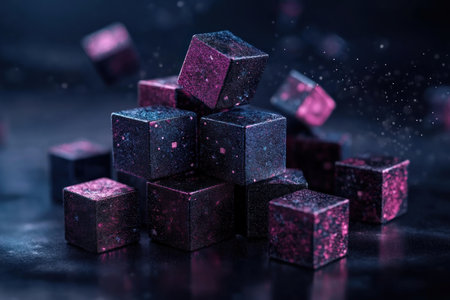 Striking abstract digital art showcases stacked cubes with textured pink and black surfaces Its modern, futuristic aesthetic is ideal for backgrounds and design The 3D render's interplay of light, shadow, and geometric forms offers visual complexity Its eye-catching colors and textures make it perfect for artistic inspiration and creative projects AI Generativeの素材