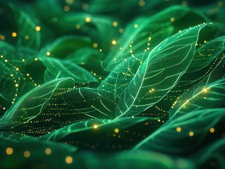This digital art showcases abstract green leaves with captivating golden sparks Glowing particles highlight detailed textures on lush foliage A unique, serene, and calming rendition of botanical elements, perfect for modern wall art, home decor, office spaces, and digital media It beautifully represents nature's beauty AI Generativeの素材
