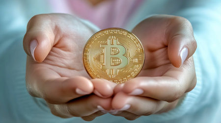 Gleaming gold bitcoin rests in gentle hands, symbolizing digital finance This close-up embodies investment, technology, and the blockchain future Blurred background emphasizes wealth, financial literacy, and growth potential in the digital era It speaks to economic empowerment through modern transactions AI Generativeの素材
