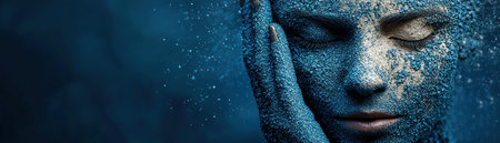 This surreal portrait captures a dreamy woman with textured skin, bathed in deep blue hues Her closed eyes evoke inner worlds and emotional depth, embodying feminine mystery This fine art photograph, rendered digitally, offers an immersive experience, perfect for wall art It's a contemporary piece of expressive visual storytelling, both AI Generativeの素材