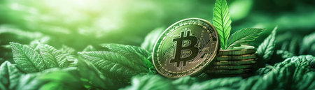 This concept showcases Bitcoin's growth as a green, eco-friendly digital currency, fueled by blockchain technology It embodies sustainable crypto investment, fintech innovation, and the future of money in emerging markets It's a vision of modern finance, online payments, and a digital transformation of the new economy AI Generativeの素材