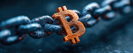 This image visualizes Bitcoin's strength and decentralized nature through a metallic symbol on a dark blue background, representing blockchain technology It highlights Bitcoin's role in securing digital transactions and fostering innovation The concept emphasizes the interconnectedness of digital assets within the cryptocurrency landscape, showcasing Bitcoin's crucial position AI Generativeの素材
