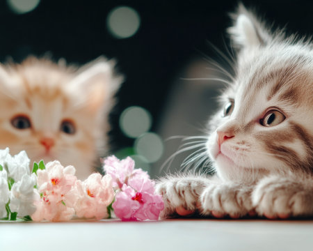 Two adorable kittens, one orange and one grey-striped, playfully explore flowers in a softly lit, captivating close-up This heartwarming scene showcases their sweet innocence, perfect for pet lovers and creative projects, capturing the joy of these fluffy feline babies AI Generativeの素材