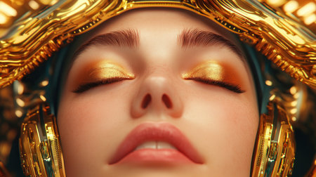This close-up portrait showcases a woman adorned with golden makeup and a headpiece, radiating beauty and mystique Intricate details and shimmering textures are highlighted through artistic lighting and shadow play Its dreamy, ethereal aesthetic makes it ideal for art, fashion, editorial, and digital design projects AI Generativeの素材