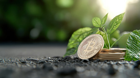 This image portrays Bitcoin's growth as a digital currency sprouting from soil, symbolizing financial investment and future potential Gold coins and green leaves emphasize success and sustainability within the modern tech economy It represents innovation, wealth, and the evolving landscape of finance, including cryptocurrency AI Generativeの素材