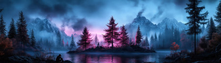 A serene lake reflects vibrant pink trees under a dark, foggy mountain sky A lone silhouette enhances the mystical ambiance Ideal for backgrounds, wallpapers, or fantasy art, this tranquil scene offers captivating colors and a peaceful atmosphere, perfect for decorative art and digital creations AI Generativeの素材