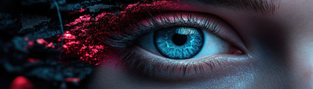 A captivating close-up reveals a human eye with a striking blue iris, detailed eyelashes, and textured skin An abstract overlay of deep red and black evokes mystical depth and intrigue This macro photograph is perfect for art and sci-fi themes, ideal for posters or digital art AI Generativeの素材