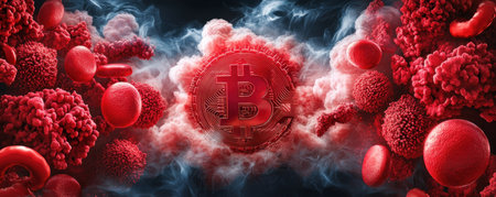 A Bitcoin symbol is caught in a turbulent dance of red blood cells against a smoky blue backdrop This abstract digital artwork depicts a chaotic, vital system where digital currency dynamics are visualized A bold and imaginative illustration, it offers an artful allegory of finance flowing within a biological-like realm AI Generativeの素材