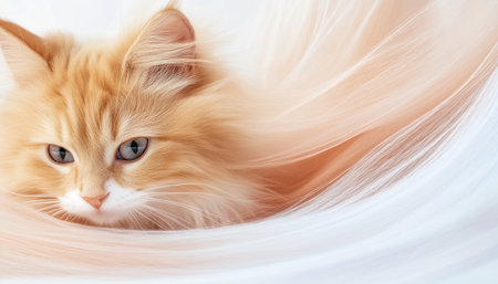 This captivating portrait features an adorable ginger kitten with soft fur, striking blue eyes, and a sweet expression Gentle lighting enhances its fluffy charm, set against delicate fabric Perfect for desktop backgrounds, social media, or projects, this heartwarming image is a must-have for animal lovers and cat fans alike AI Generativeの素材