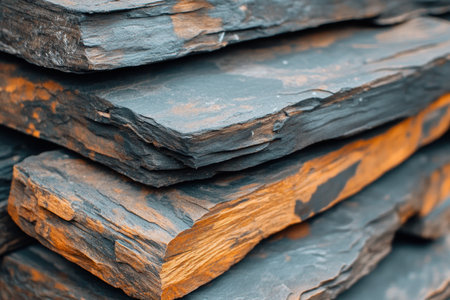 This close-up image showcases stacked natural slate tiles The textured surfaces reveal layered rough rock formations in shades of gray, touched with orange hues Perfect for architectural backgrounds, material design, and construction, these tiles evoke a sense of rugged beauty for patios, roofs, or artistic renderings AI Generativeの素材
