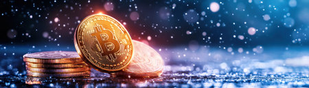 A stack of shiny gold digital currency coins gleams on a reflective surface, symbolizing the future of finance This close-up, with a blue bokeh background, embodies concepts like cryptocurrency investment, blockchain technology, wealth accumulation, and the global digital economy It evokes modern banking and innovation, representing secure online transactions AI Generativeの素材