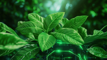 This close-up image blends vibrant green leaves growing from a futuristic circuit board, highlighting the symbiotic relationship between nature and technology It's a visually striking concept showcasing sustainability, harmony, and interconnectedness Ideal for eco-friendly tech projects, it presents a modern perspective on nature and the future AI Generativeの素材