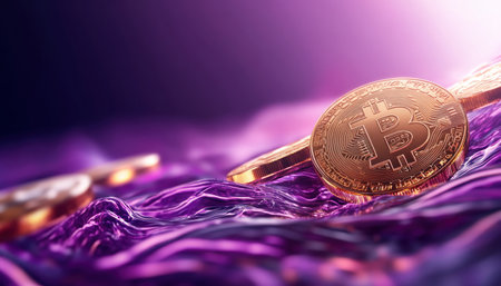 Gleaming gold Bitcoins on a textured purple backdrop create a striking image of modern finance Dynamic lighting and shallow focus enhance the visual, perfect for articles on crypto investments and blockchain This embodies wealth, innovation, and the decentralized economy, ideal for any tech or finance publication AI Generativeの素材