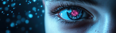 A futuristic close-up of a human eye with a sci-fi digital iris High-quality photograph featuring advanced cybernetic technology and captivating glowing bokeh background This image blends human integration with futuristic tech, ideal for digital art and science fiction concepts, showcasing detailed close-up shots with artistic glow effects AI Generativeの素材