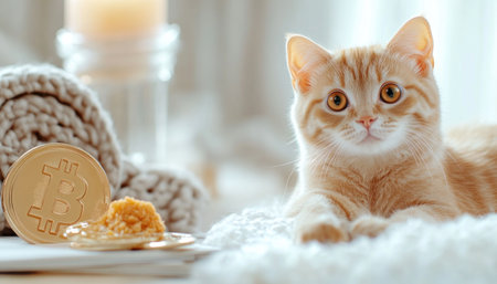 A charming orange tabby kitten relaxes indoors beside a soft blanket and candle, a Bitcoin Gold token nearby This adorable pet portrait captures a cozy, warm, and calm scene perfect for pet lovers Ideal for animal prints, cards, wallpapers, posters, and social media content, bringing a beautiful touch to home AI Generativeの素材