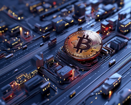 This 3D rendered artwork showcases digital Bitcoin currency against a futuristic cityscape, symbolizing the link between virtual coins and urban infrastructure The image highlights blockchain technology, appealing to crypto enthusiasts and illustrating the modern digital economy and investment potential through high-resolution visuals AI Generativeの素材