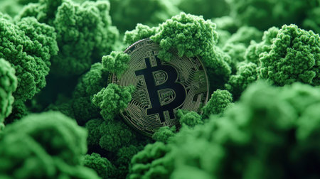 A vibrant close-up showcases a Bitcoin symbol nestled within lush green moss, symbolizing the growth of blockchain This image captures the essence of cryptocurrency investment, digital assets, and financial revolution, emphasizing a sustainable digital economy It embodies concepts like green finance, emerging economies, growth potential, and the future of global AI Generativeの素材