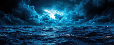 A turbulent, moonlit ocean crashes under a dark, cloud-filled sky in this dramatic seascape The powerful, moody atmosphere evokes awe and raw energy Perfect for backgrounds or presentations, its beauty and visual impact are undeniable A captivating display of nature's force AI Generativeの素材