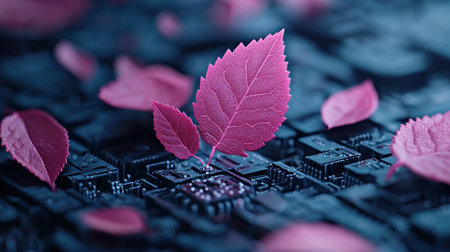 Pink leaves delicately fall onto a dark circuit board, a fusion of nature and technology This close-up AI artwork uses macro detail, soft light, and vibrant color Floating, organic elements contrast with electronic components in a minimalist, modern design High resolution and depth of field enhance the unique, contemporary, and AI Generativeの素材