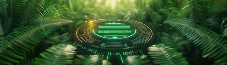 A futuristic interface glows within a lush jungle, where advanced tech meets nature Digital displays embedded in tropical foliage reveal intricate patterns overlaying the landscape This sci-fi scene blends technology with a rainforest, showcasing a harmonious balance in an immersive, fantasy setting Concept art explores tech and nature's unity AI Generativeの素材