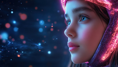 A captivating close-up portrait showcases a young girl with luminous pink headgear, set against a dark cosmic backdrop Vibrant bokeh and stunning lighting enhance the dreamy, futuristic fantasy aesthetic This digital art piece, perfect for wallpapers and posters, beautifully blends innocence and imagination in an enchanting scene AI Generativeの素材