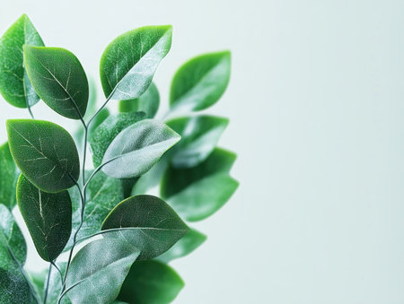 Close-up, vibrant green leaves with smooth edges display intricate detail against a light backdrop Ideal for natural, botanical, or wellness designs, the soft lighting creates a serene and relaxing mood Evoking freshness, growth, and harmony, these beautiful leaves connect us to nature AI Generativeの素材