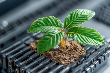 A young plant emerges from computer hardware, symbolizing sustainability and growth Close-ups of the motherboard and soil highlight green computing's future This image represents nature nurturing technology, a symbiotic relationship emphasizing environmental consciousness and technological innovation It's a powerful metaphor for sustainable tech AI Generativeの素材