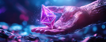 A textured hand cradles a mystical crystal gem, glowing purple against a blurry bokeh background This captivating image blends fantasy and sci-fi, ideal for wallpapers and art inspiration The enchanting scene visualizes a cosmic world, merging magic with futuristic elements in one mesmerizing design AI Generativeの素材