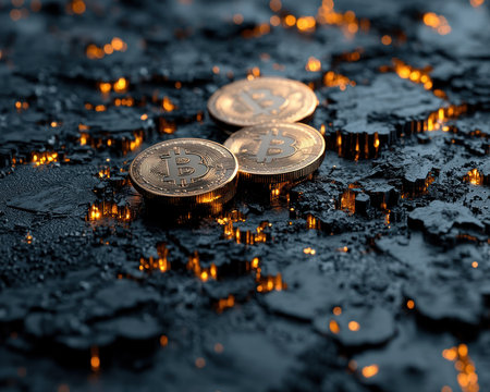 Golden Bitcoin coins gleam against a dark, textured backdrop, illuminated by fiery glows This image embodies digital finance and the decentralized economy, perfect for blockchain, crypto trading, and investment themes It represents financial assets and the modern digital currency era, ideal for articles and websites on crypto news A bold AI Generativeの素材