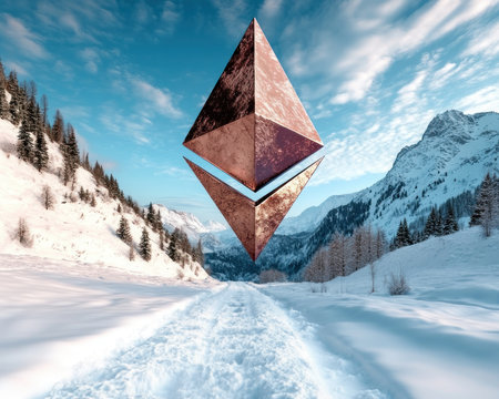 A captivating digital art piece showcases a majestic, abstract diamond suspended above a snowy path Towering mountains meet a brilliant blue sky, creating a breathtaking landscape Dynamic colors and textures inspire imagination, perfect for backgrounds, wallpapers, and artistic projects It s a striking display of geometry and nature AI Generativeの素材