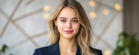This professional headshot portrays a confident, successful young businesswoman With a stylish blonde hairstyle and striking blue eyes, she smiles warmly in formal attire The modern office background complements her elegant and attractive presence, projecting leadership and happiness She embodies a professional, accomplished female entrepreneur AI Generativeの素材