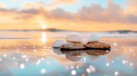 Smooth stones rest on wet sand, mirroring a vibrant sunset Gentle waves reflect the sky's golden hues and soft clouds, creating a tranquil coastal scene This peaceful image evokes harmony and is ideal for backgrounds, mindfulness, or coastal themes, showcasing nature's serene beauty AI Generativeの素材