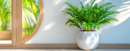 A vibrant green plant in a white pot basks in natural light from a window, embodying minimalist home decor This modern indoor setting showcases elegant gardening, creating a cozy and airy ambiance Sunlit leaves bring a zen-like touch to the room, perfect for a bright and welcoming space AI Generativeの素材
