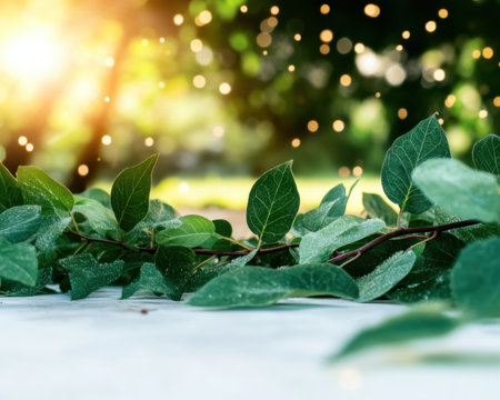 Tranquil outdoor scene with lush green leaves bathed in golden light A blurred background enhances the focus on nature's beauty, perfect for designs, websites, and marketing Evoking peace, this image suits articles, blogs, and green projects A natural backdrop for diverse applications AI Generativeの素材