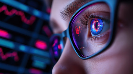 A focused gaze analyzes financial data reflected in glasses, revealing market trends and investment strategies A macro lens highlights clarity, emphasizing analysis for data-driven insights, crucial for stock market success This portrays a deeper look into analytics, the trading environment, and investment data, driving key business decisions AI Generativeの素材