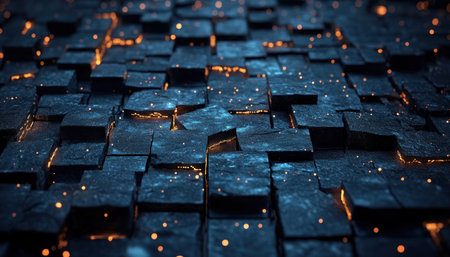 This high-resolution digital artwork features abstract 3D cubes with glowing orange highlights against a dark, grungy texture Its pixelated, futuristic design incorporates a geometric pattern and modern art style Perfect for websites, presentations, or posters, the detailed scene offers a creative, technology-driven concept with an elegant, contemporary aesthetic AI Generativeの素材
