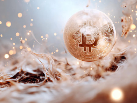 This artwork depicts a golden, floating sphere representing Bitcoin, embodying the future of finance Abstract and modern, it symbolizes digital currency, blockchain technology, and investment potential The illustration evokes concepts like virtual economies, fintech, and global decentralized systems, highlighting the speculative and innovative nature of cryptocurrency trading AI Generativeの素材
