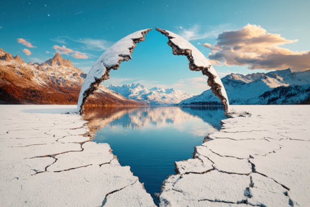 "Earth Divided" powerfully visualizes the climate crisis dichotomy One half depicts environmental devastation, while the other thrives on renewable energy The stark contrast highlights the urgent need to choose between a future ravaged by climate change and one powered by sustainability This conceptual image is a call to action, urging AI Generativeの素材