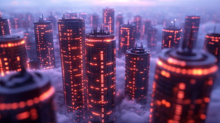 Imagine futuristic cities where sustainable skyscrapers and massive vertical wind turbines redefine skylines Witness clean energy innovation and smart city technologies transforming urban life Explore breathtaking views and innovative renewable energy seamlessly integrated into architecture Embrace an eco-friendly future where energy efficiency creates a greener, sustainable world for generations AI Generativeの素材